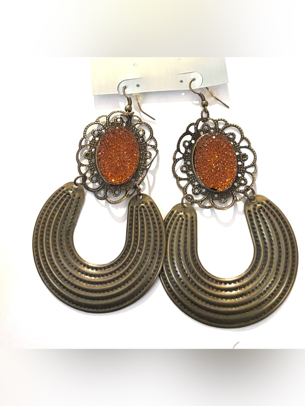 Fashion Jewelry Bronze Filigree Drop Earrings with Orange Glitter Oval